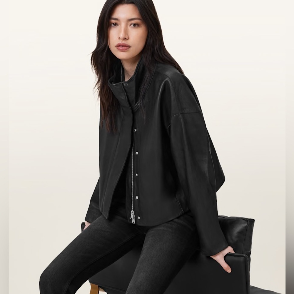 AllSaints  Ryder Black Leather Funnel Neck Jacket women’s size US 4